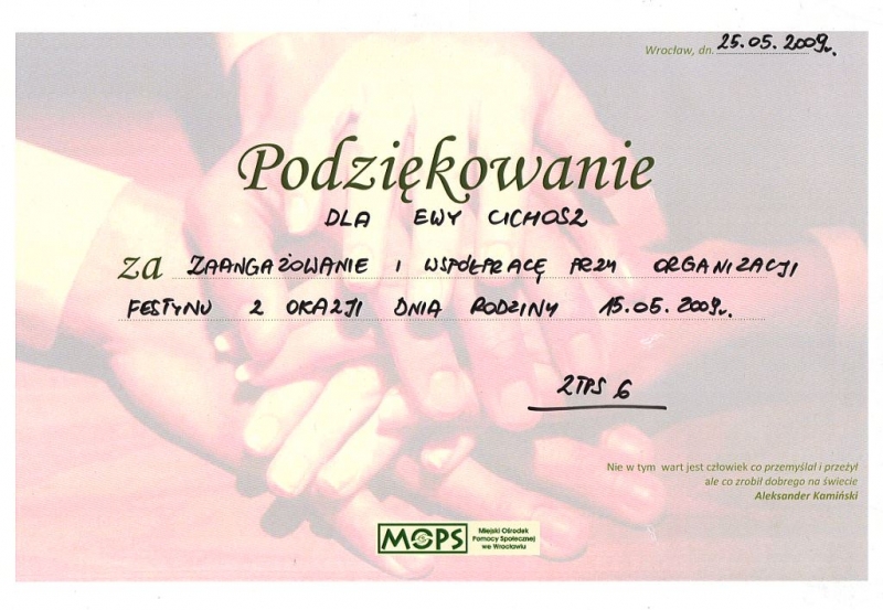 Miejski Ośrodek Pomocy Społecznej we Wrocławiu - podziękowanie dla Ewy Cichosz