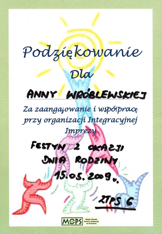 Miejski Ośrodek Pomocy Społecznej we Wrocławiu - podziękowanie dla Anny Wróblewskiej